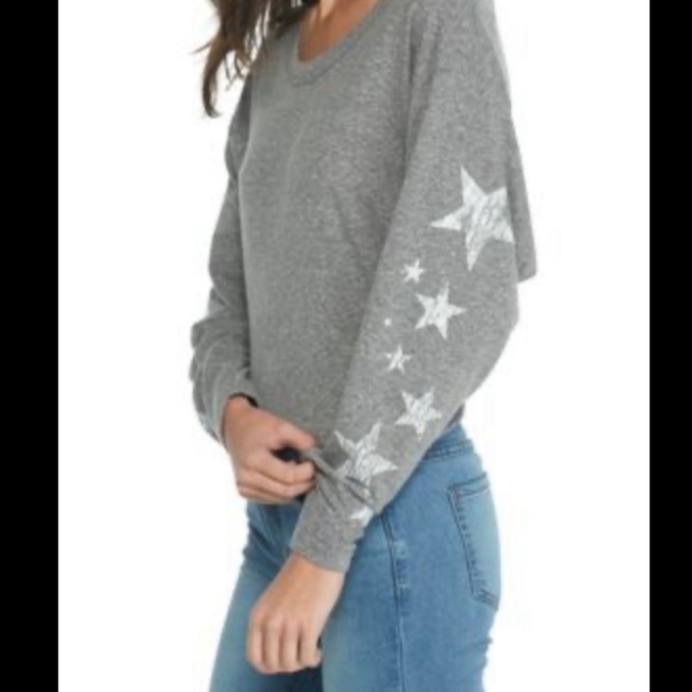 Free People Melrose Graphic Tee Long Sleeve Scoop Neck Crackled Stars S Gray NWT - Picture 6 of 16